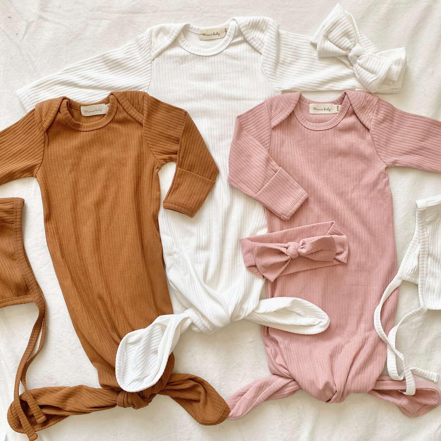 Ribbed Tie Knot Gown Set - Brown