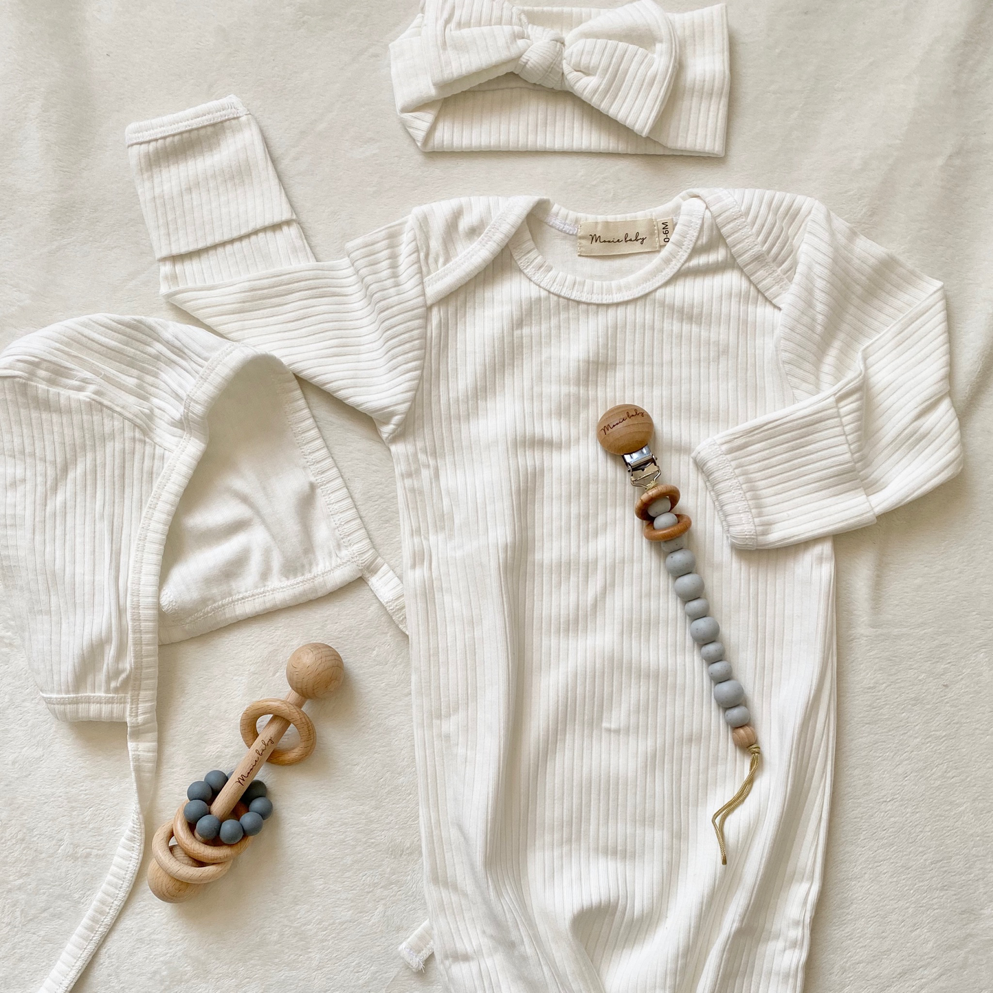 Ribbed Tie Knot Gown Set - White